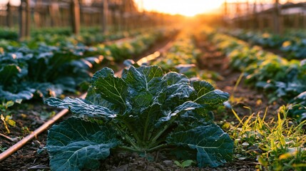 Obraz premium An organic farm composition featuring kale growing in garden rows beneath warm golden sunlight