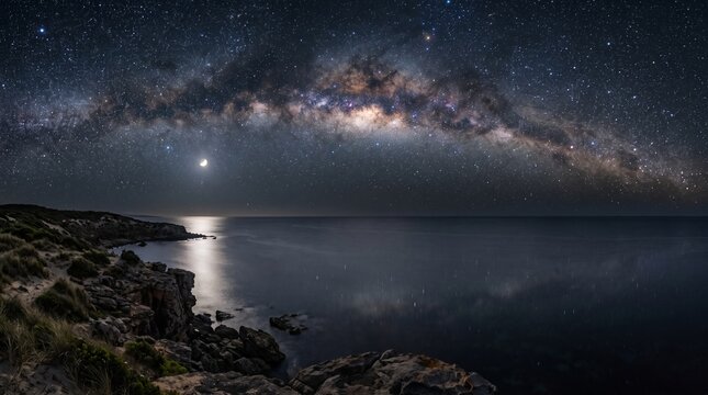 Cinematic ultra realistic night view of the Milky Way glowing above a rocky tropical coastline and calm ocean. The luminous galaxy, countless stars, dark coastal cliffs, and softly illuminated water c