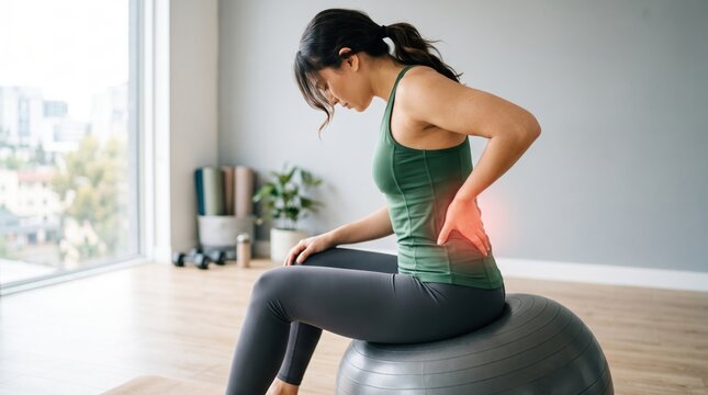 Woman suffering from lower back pain while sitting on exercise ball, holding lumbar area in discomfort, fitness injury, health care, spine problem, physical therapy, wellness