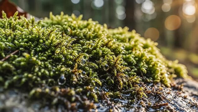 Water splashing on green forest moss macro view.