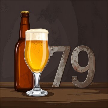 Rustic Beer Glass and Bottle with Number 79 &ndash; Birthday and Anniversary Illustration