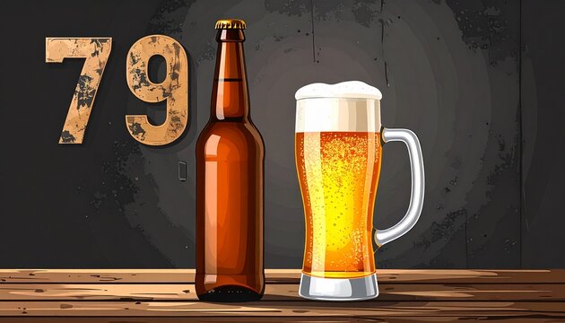 Rustic Beer Glass and Bottle with Number 79 &ndash; Birthday and Anniversary Illustration