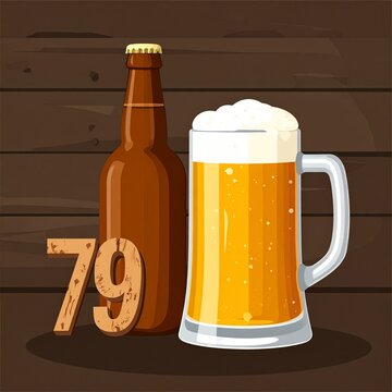 Rustic Beer Glass and Bottle with Number 79 &ndash; Birthday and Anniversary Illustration