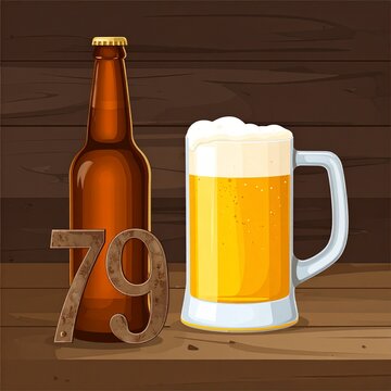 Rustic Beer Glass and Bottle with Number 79 &ndash; Birthday and Anniversary Illustration