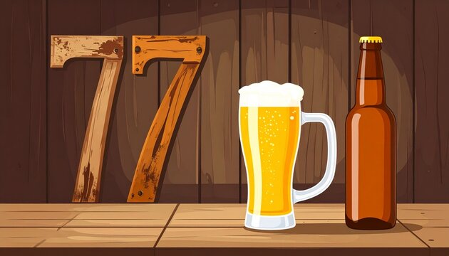 Rustic Beer Glass and Bottle with Number 77 &ndash; Birthday and Anniversary Illustration