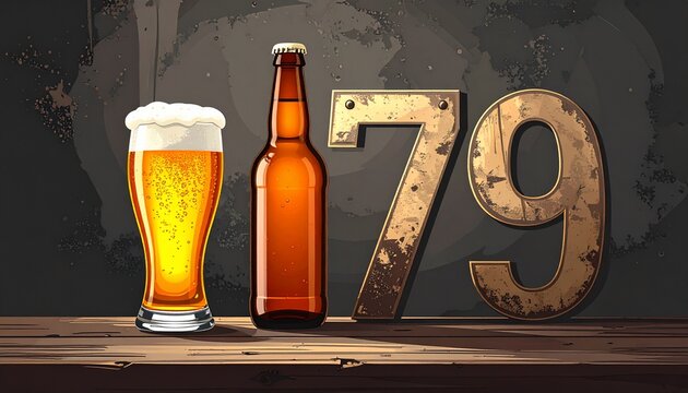 Rustic Beer Glass and Bottle with Number 79 &ndash; Birthday and Anniversary Illustration