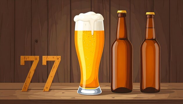 Rustic Beer Glass and Bottle with Number 77 &ndash; Birthday and Anniversary Illustration