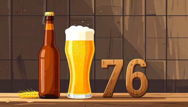 Rustic Beer Glass and Bottle with Number 76 &ndash; Birthday and Anniversary Illustration
