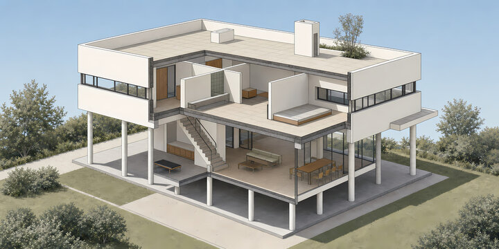 Early modernist villa axonometric illustration