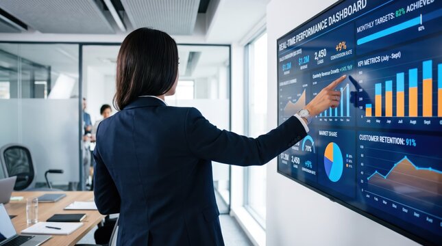 Businesswoman presenting real time performance dashboard on large wall screen in modern conference room, pointing at kpi metrics and monthly targets charts during corporate