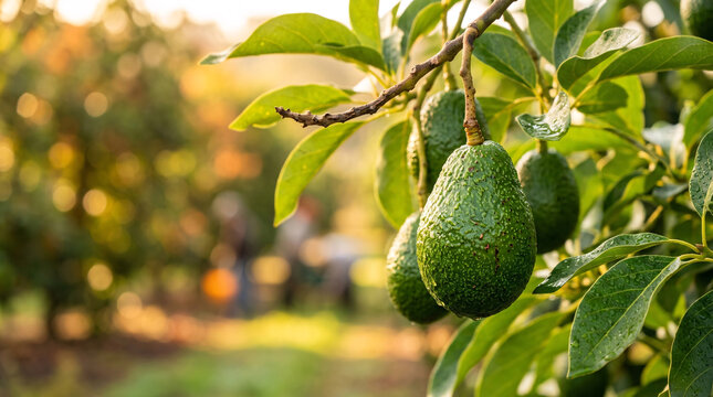 Fresh Green Avocados Hanging on Tree Branch