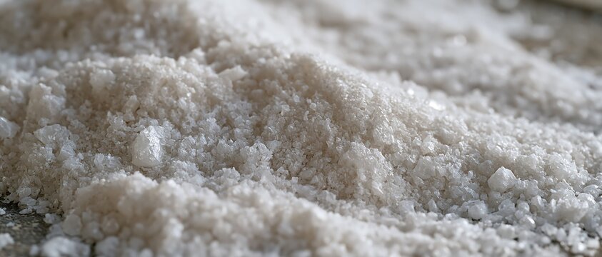 Macro view of white sea salt crystal grains piled up in texture detail
