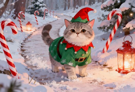 Cute scottish fold cat dressed as a christmas elf walking through snowy woods with scottish