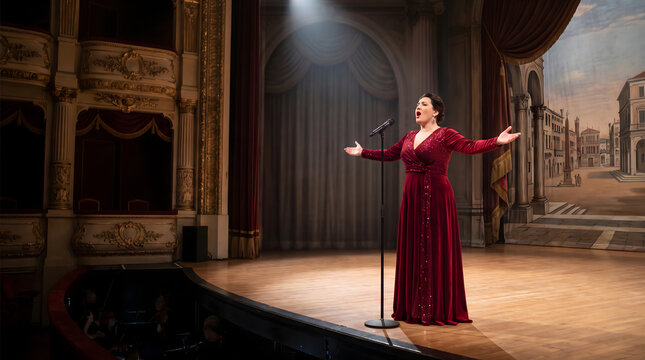 Female opera singer performing on a grand theater stage