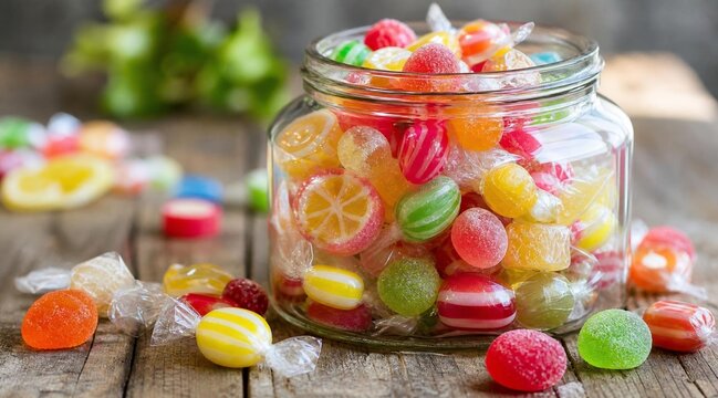 Glass jar filled with colorful fruit hard candies on rustic wood table.