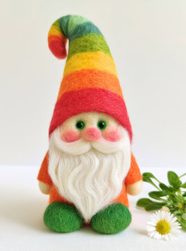 Cute handmade needle felted gnome with rainbow striped hat white beard and daisy flower on table.