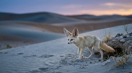 Naklejka premium Desert Fox on Dune: A fennec fox with large ears stands alert in a sandy desert landscape under a soft twilight sky, poised near its burrow.