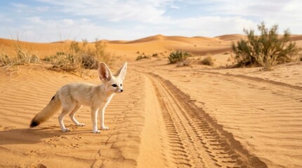 Naklejka premium Fennec Fox in the Desert: A solitary fennec fox with large ears stands on a sand dune in the arid desert landscape, with tire tracks leading through the vast expanse of sand under a clear blue sky.