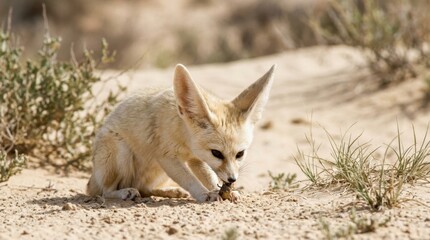 Naklejka premium Fennec Fox in Desert: A cute fennec fox with large ears digs in the sand amidst arid desert vegetation, showcasing its adaptation to a harsh environment.