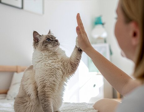 猫と女性がハイタッチする室内での触れ合い