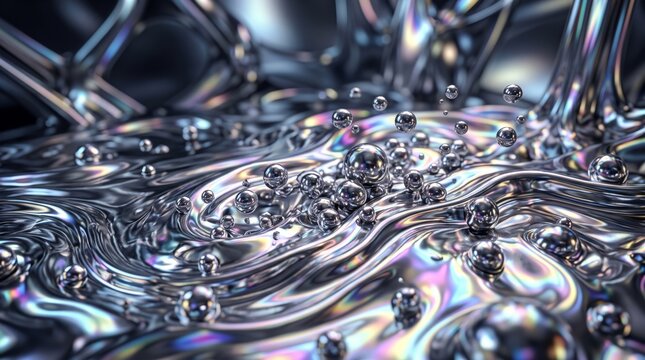 Abstract liquid silver surface with floating metallic spheres and vivid iridescent reflections in futuristic style