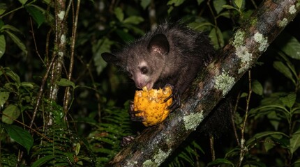 Naklejka premium Aye-aye Primate in Forest: A nocturnal aye-aye, a unique primate known for its large ears and rodent-like teeth, feasts on fruit while perched on a moss-covered branch in a dark, lush forest at night.