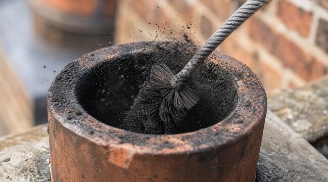 Chimney sweep brush cleaning soot from a terracotta chimney pot on a brick house roof.