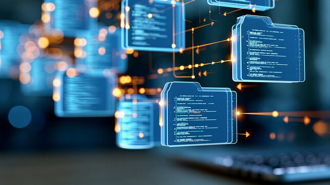 Digital document ecosystem with interconnected folders, databases and workflow arrows, centralized enterprise information management and automated processes, business technology,
