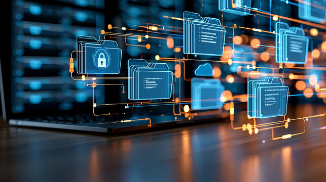 Online documentation database visualized as interconnected folders and secure cloud servers, automated file management and enterprise knowledge organization, digital