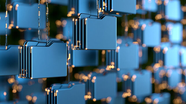 Online documentation database visualized as interconnected folders and secure cloud servers, automated file management and enterprise knowledge organization, digital