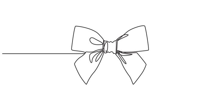 Animated self drawing of  bow ribbon, single one line drawing of a heart shaped gift bow valentine's day concept, Minimalist one line drawing of a decorative bow with flowing ribbon ends, video 4k