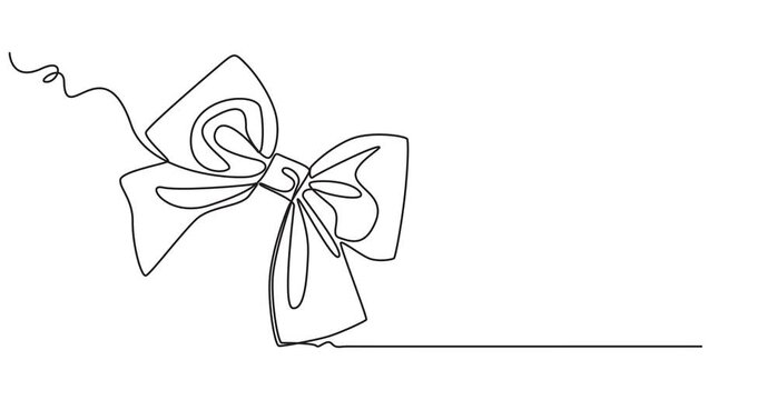 Animated self drawing of  bow ribbon, single one line drawing of a heart shaped gift bow valentine's day concept, Minimalist one line drawing of a decorative bow with flowing ribbon ends, video 4k