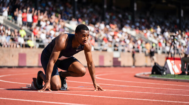 A male black athlete assumes a starting stance on a red running track, preparing for a race with a stadium audience in the background.
