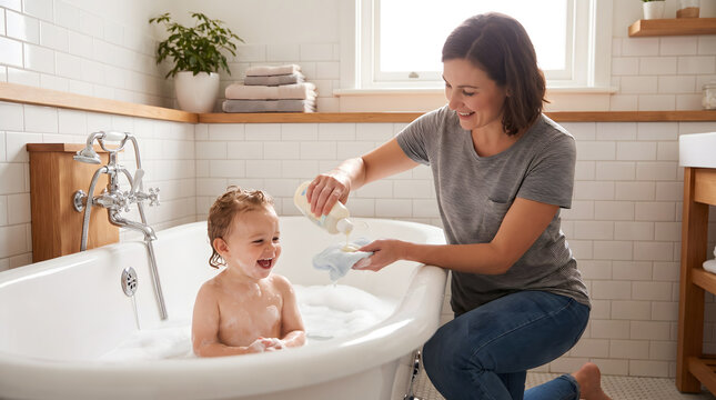 A smiling mother pours bath liquid while a happy toddler sits in a bubble-filled bathtub in a bright home bathroom.