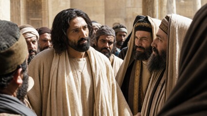 Fototapeta premium Man with beard and long hair standing among robed men in temple courtyard. Biblical teaching and religious question concept for faith history illustration and spiritual lesson art