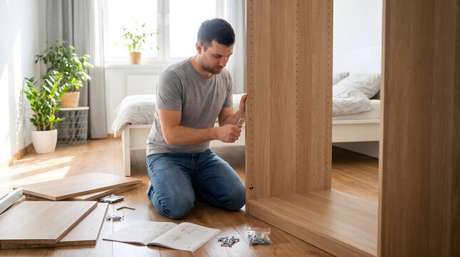 A man kneels on a wooden floor assembling flat-pack wooden furniture at home, using tools and an instruction manual.