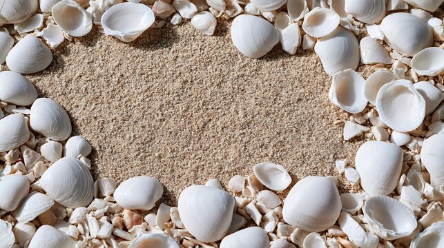 Heart shape frame made of white sea shells on sand for summer background