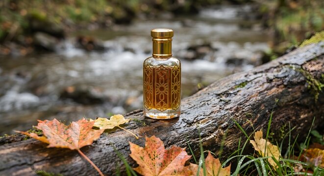 Carved Golden Glass Attar Perfume Bottle Resting on Log by Forest Stream with Autumn Leaves