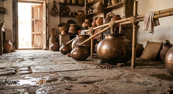 Traditional Copper Distillation Pots and Water Vessels inside Rustic Vintage Fragrance Distillery Workshop