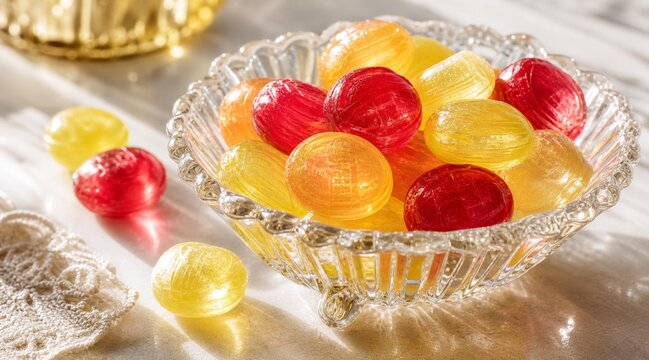 Assorted red and yellow hard candies in a vintage glass bowl.
