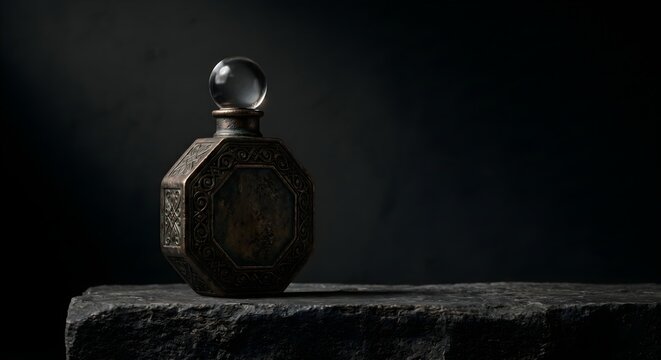 Vintage Antique Engraved Dark Metallic Perfume Bottle Resting on Dark Textured Stone Block in Low Key Light