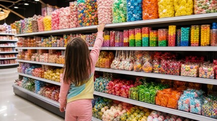 Obraz premium Young girl reaching for colorful candies on supermarket shelves.