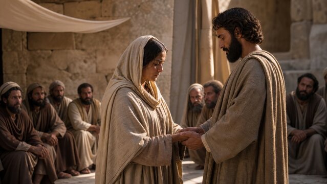 Man and woman holding hands during biblical marriage ceremony in ancient stone courtyard with seated witnesses. Levirate duty and family tradition concept for religious history and faith illustration