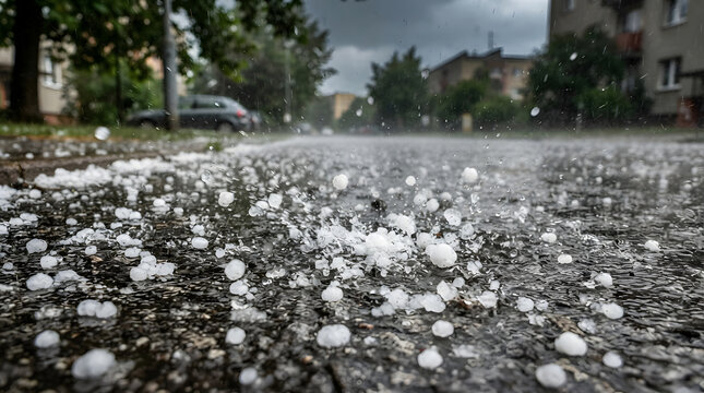 Large hail stones falling on a wet city street during a severe summer hailstorm