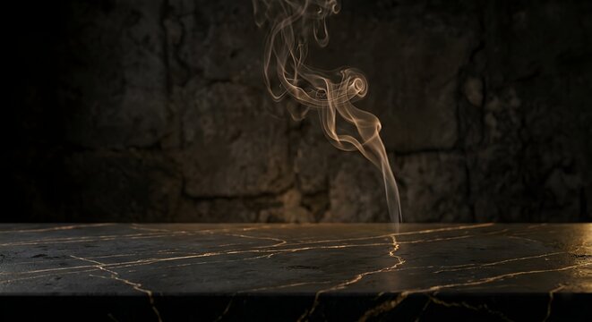 Empty Dark Marble Tabletop with Rising Incense Smoke against Dark Rough Stone Wall Background