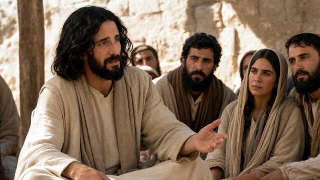 Man with beard in biblical robe teaching group including woman outdoors near stone wall. Religious sermon and faith concept for gospel illustration and spiritual education