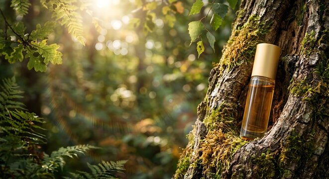 Compact Gold Fragrance Bottle Tucked inside Mossy Tree Trunk Bark with Lush Greenery Backdrop