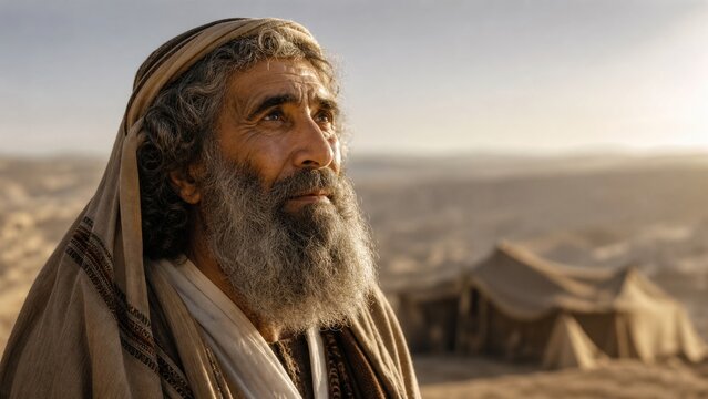 Elderly bearded man in desert with tents looking toward heaven. Biblical patriarch as living before God. Resurrection and God of the living concept for religious illustration