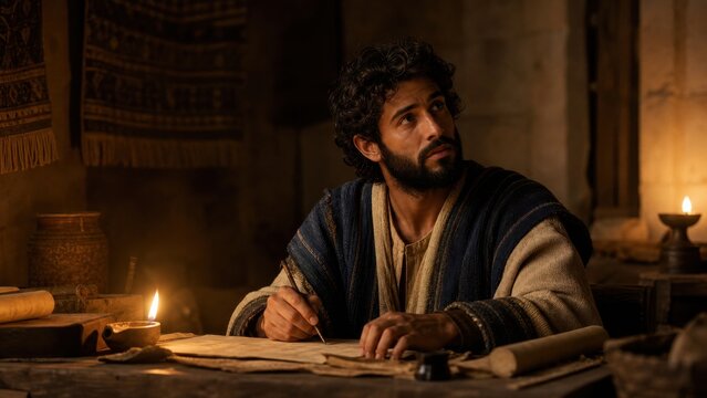 Man writing on ancient scroll by oil lamp at night. Biblical king David composing psalm with inspiration looking upward. Historical religious manuscript and sacred scripture concept