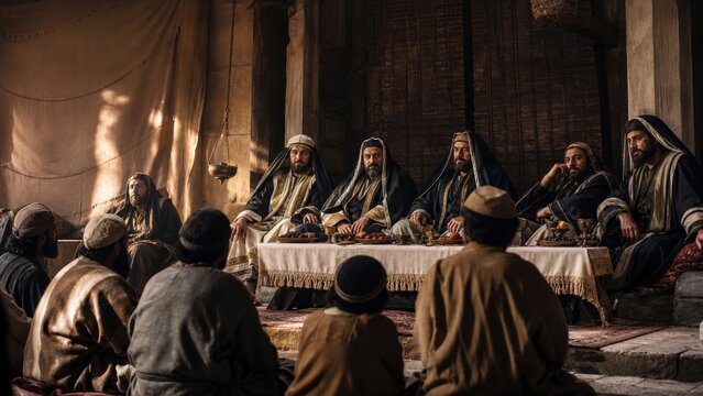 Men in long robes occupy chief seats at banquet table while humble listeners sit before them. Biblical scene of scribes seeking honor at feasts and synagogues for religious warning concept